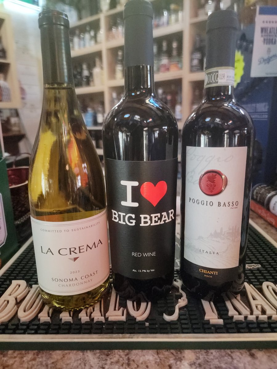 La Crema Chardonnay, I Love Big Bear red wine, and Poggio Basso Chianti at Home of the Hangover